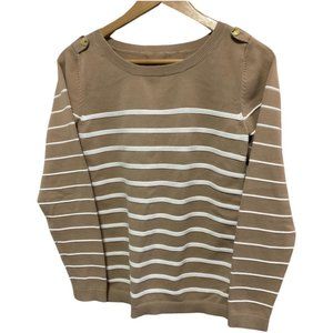Tan/White Striped Long Sleeve Knit Sweater w/ Anchor Button Epaulettes